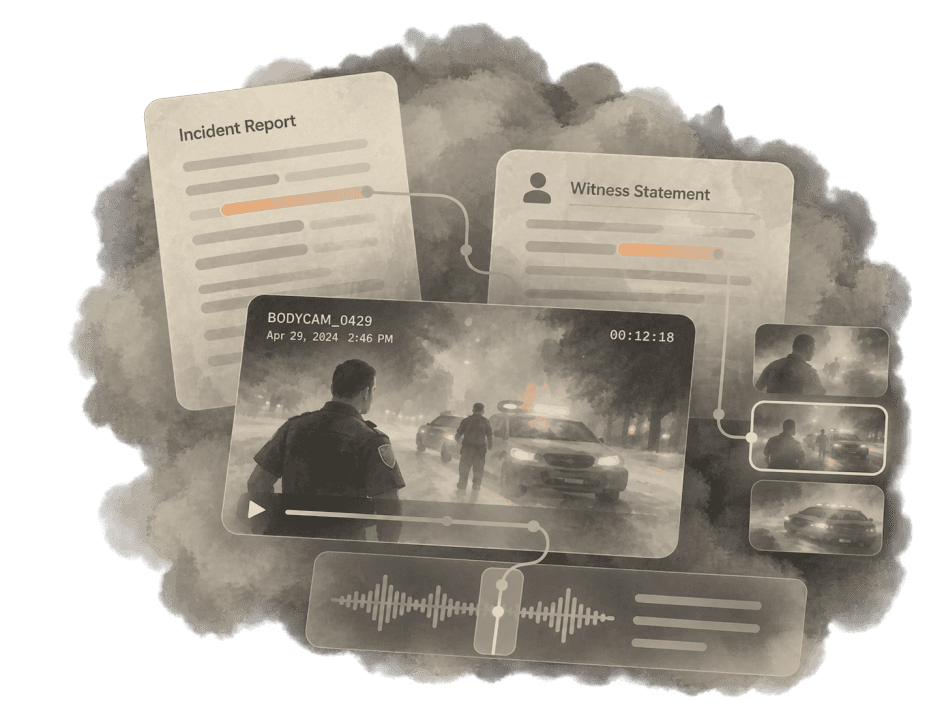 Illustration: lines in an incident report and a witness statement linked to moments in body-worn camera footage and its audio