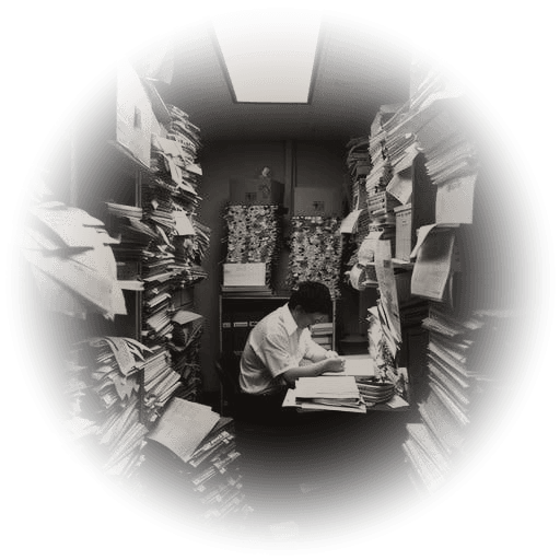A person working at a desk in a small room stacked floor to ceiling with paper files